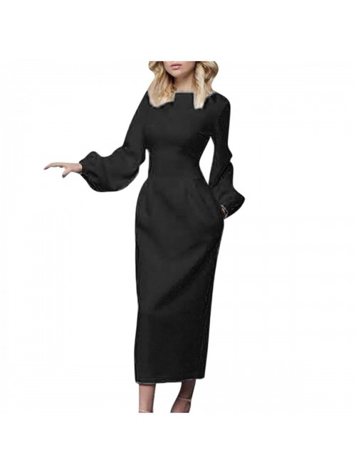 Crew Neck Midi Dress Long Puff Bell Lantern Sleeve...