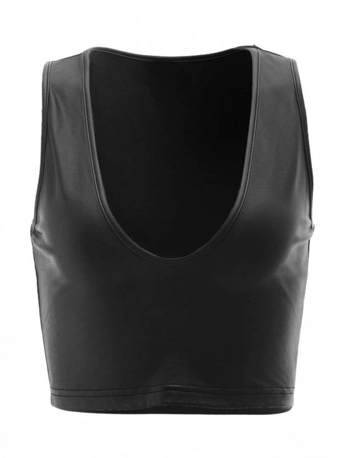 Women's Faux Leather V Neck Crop Tank Top PU Leather Vest 