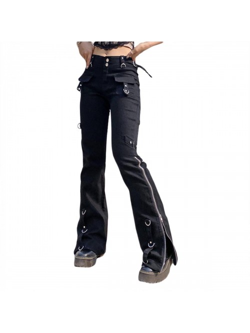 Women Gothic Cargo Pants Wide Straight Leg Low Wai...