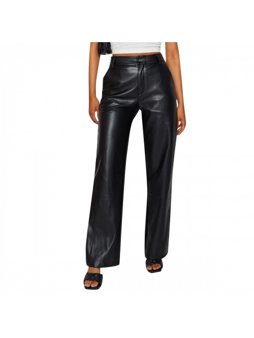 Faux Leather Pants Vintage Y2k Leisure Straight Wi...