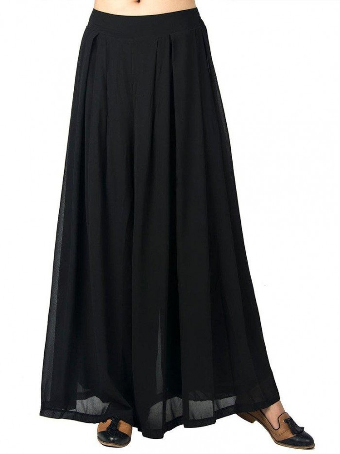 Women's Chiffon Pleated Plain Elastic Waist Wide Leg Palazzo Pants 