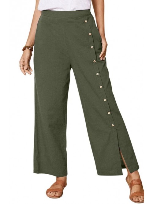 Casual Linen Wide Leg Pants Elastic Waist Split He...