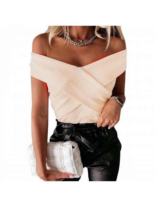 Off Shoulder Cross Wrap V Neck T Shirts for Women ...