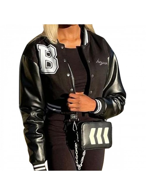 Varsity Jacket Long Sleeve Cropped Baseball Jacket...