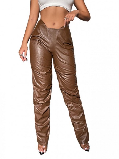 HUX Women's PU Leather Ruched Straight Leg Pants T...