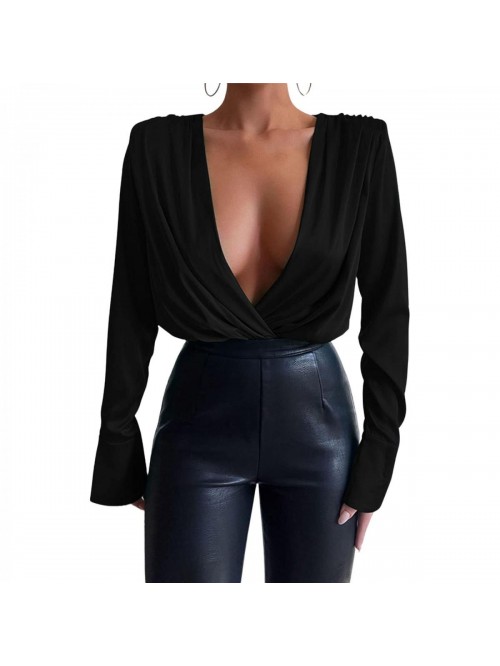 Satin Deep V Neck Long Sleeve Bodysuit Surplice Bl...