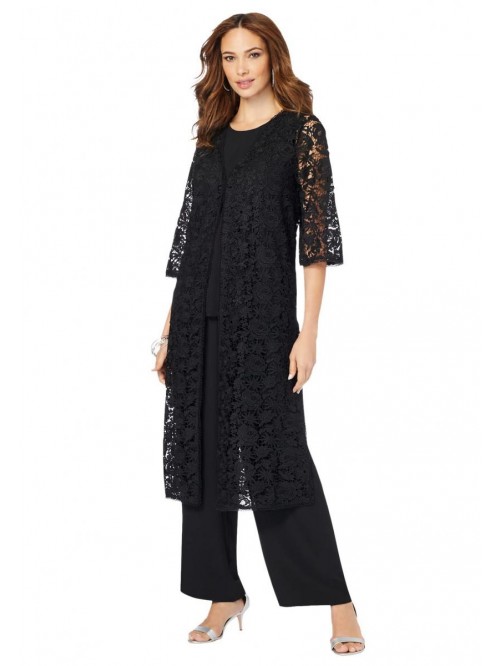 Women's Plus Size Three-Piece Lace Duster & Pant S...