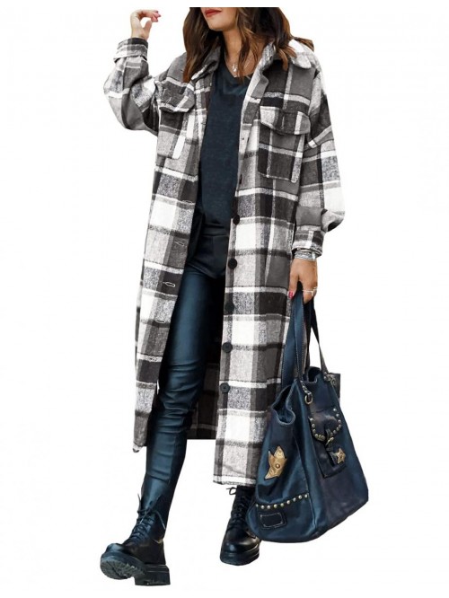 Women Fall Flannel Plaid Shacket Jacket Oversized ...