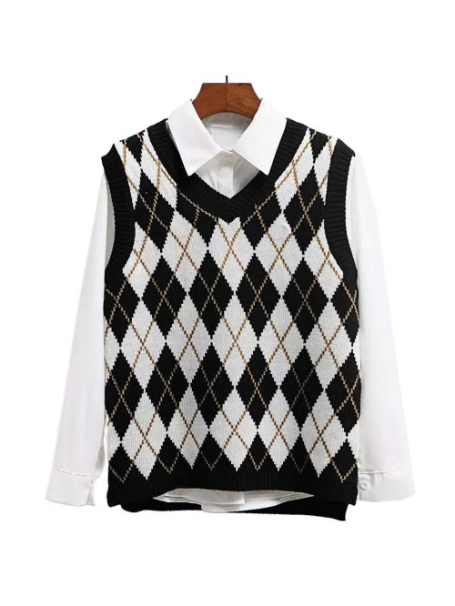 Women's V Neck Knit Sweater Vest Argyle Plaid Prep...