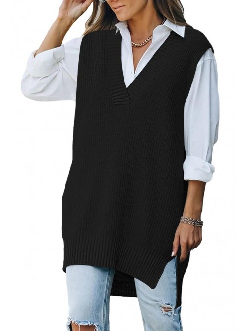 Women's Sweater Vest Chunky Knit Tops V Neck Sleev...