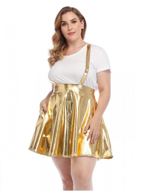 Plus Size Shiny Metallic Suspender Skirt High Wais...