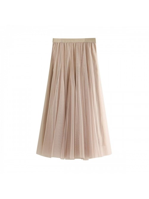 Mesh Long Skirt Solid Color Pleated Chiffon High W...