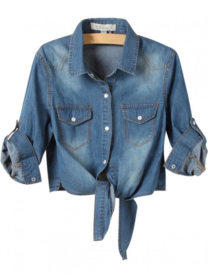 Women's 3/4 Sleeve Denim Crop Top Tie Knot Shirt Cardigan 