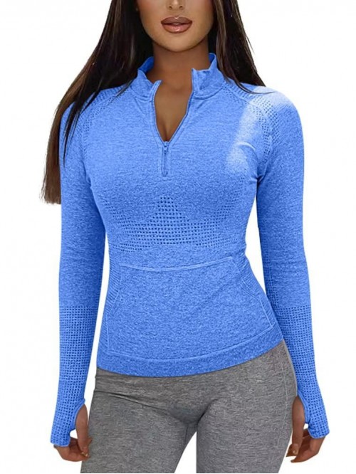 Women Workout Long Sleeve Yoga Front Pocket Tops G...