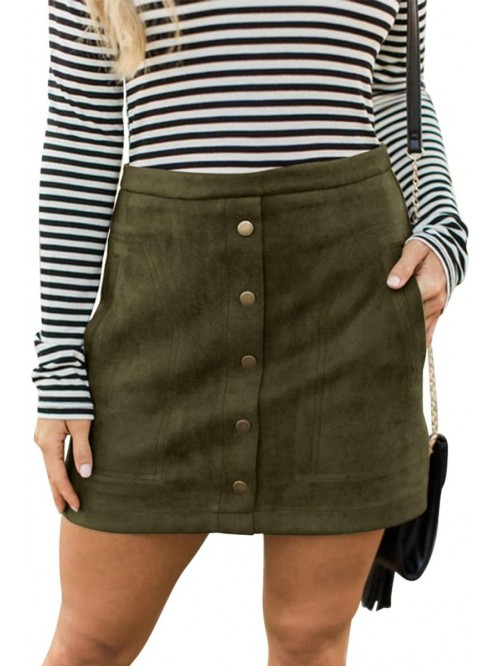 Women's Button Front Faux Suede High Waist A-line ...