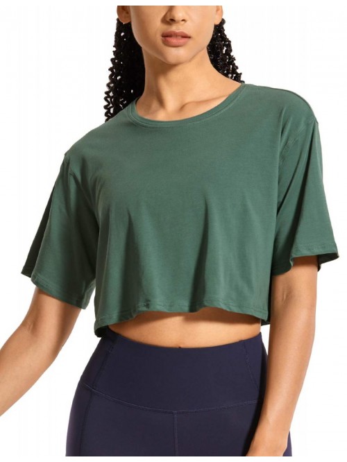 YOGA Women's Pima Cotton Workout Crop Tops Short S...