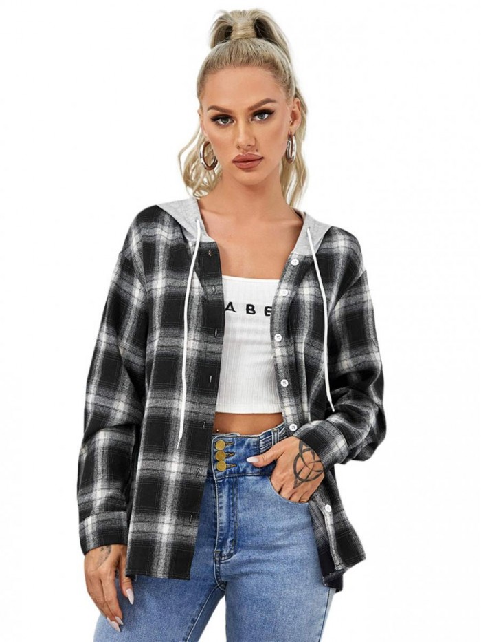 Women's Plaid Button Front Long Sleeve Drawstring Hoodie Overshirt Jacket 