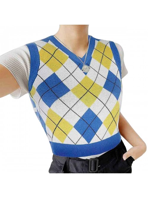 Argyle V Neck Sweater Vest Women - Plaid Pattern &...