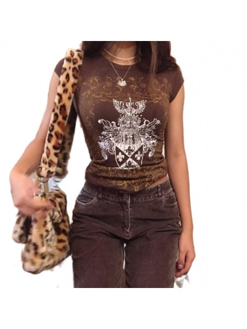 Graphic Print Crop Top V Neck Short Sleeve Slim Fi...