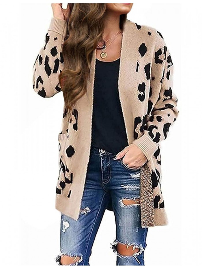 Women's Open Front Leopard Knit Cardigan Sweaters Long Sleeve Outwear 