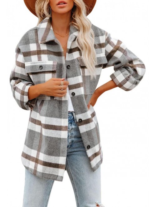 Brushed Plaid Shirts Flannel Shacket Long Sleeve B...