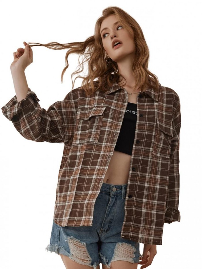 Women's Long Sleeve Collar Long Button Down Plaid Shirt Blouse Tops 