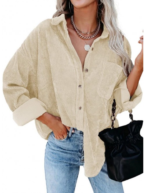 Women Corduroy Long Sleeve Button Down Shirt Overs...