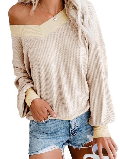 Women's V Neck Long Sleeve Waffle Knit Top Off Sho...