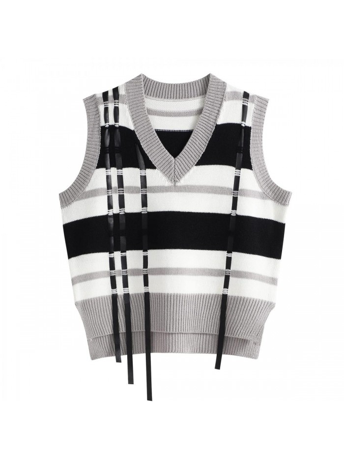 Future Women's V-Neck Sleeveless Striped Sweater Drawstring Undershirt Vest 