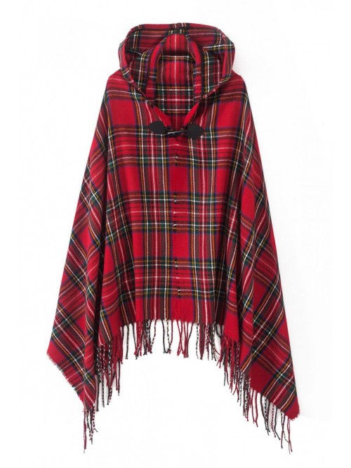 Vintage Plaid Knitted Tassel Poncho Shawl Cape But...