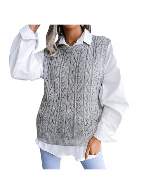 Women Knit Sweater Vest with Shirt Crewneck Hollow...