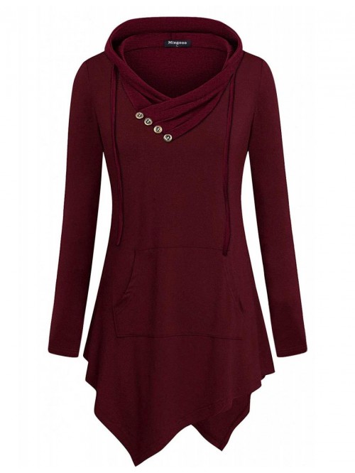 Uneven Hemline Hoody Shirt Pocket Tunic Long Sleev...