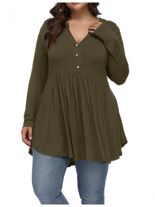 Women's Plus Size Henley V Neck Button Tunic Tops ...