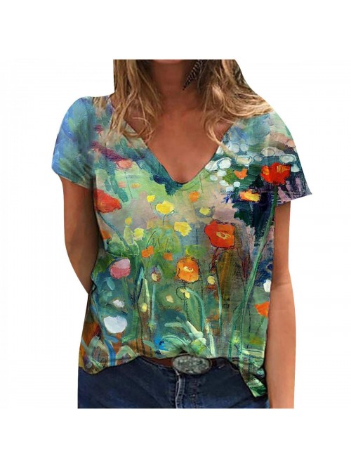 Floral Print Tie Dye Shirts Summer Short Sleeve V ...