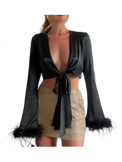 Sexy Shirt Crop Fluffy Sleeve Satin Cardigan Tie F...