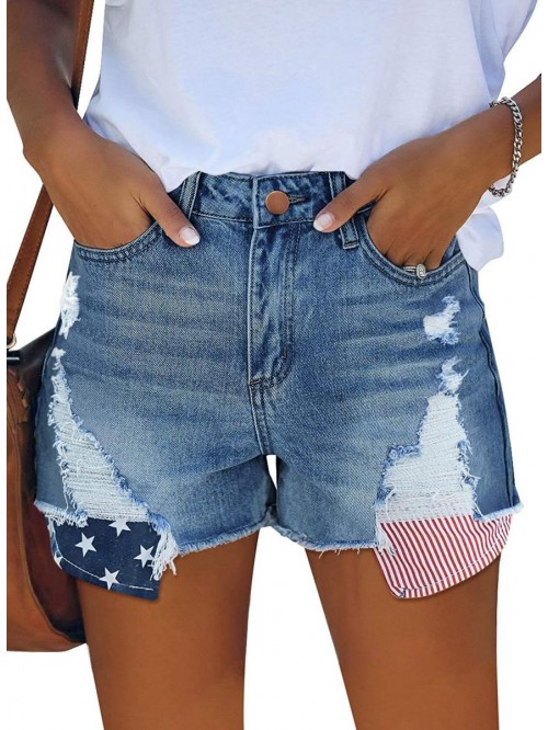 Women's Denim Shorts Summer Mid Waist Ripped Raw C...