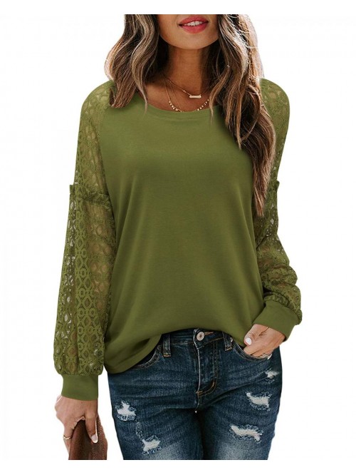 Women's Lace Long Sleeve Tops Casual Loose Crew Ne...