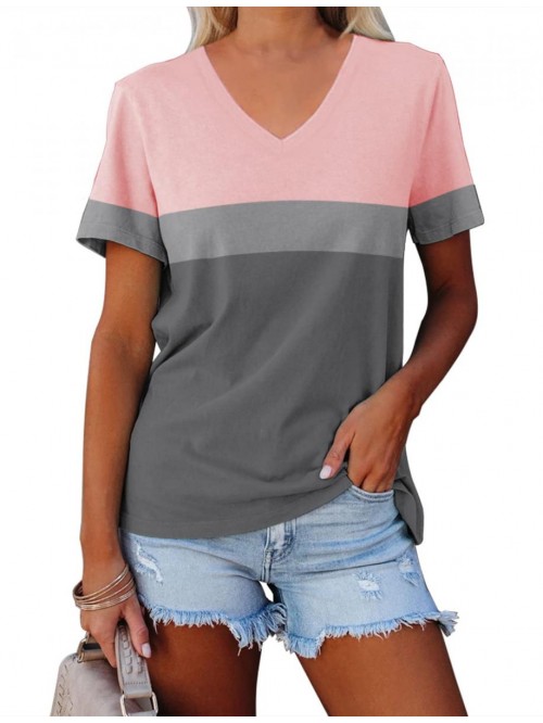 Women's Color Block Tops Short Sleeve V Neck T Shi...