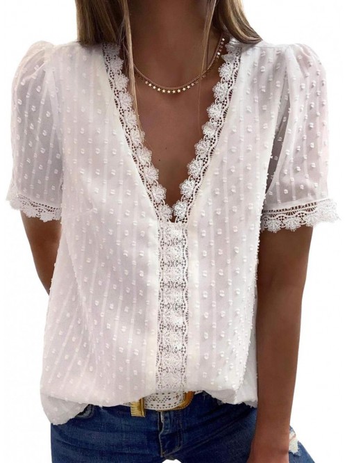 Womens Summer Lace Tops Short Sleeve V Neck Polka ...