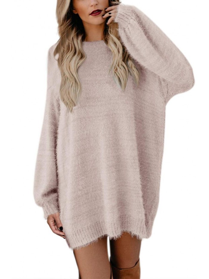 Women's Furry Crewneck Oversized Loose Long Pullover Sweater Dress 