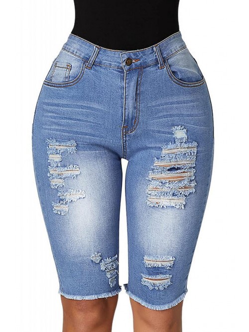 Women's Ripped Denim Destroyed Mid Rise Stretchy B...