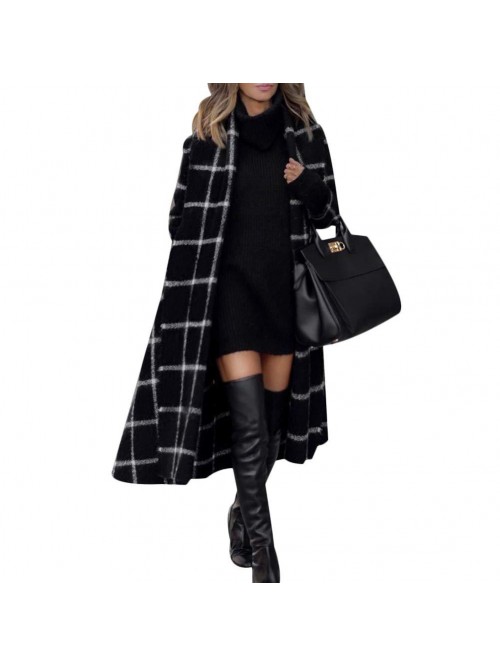 Elegant Wool Blend Belt Trench Coat Plaid Print Ou...