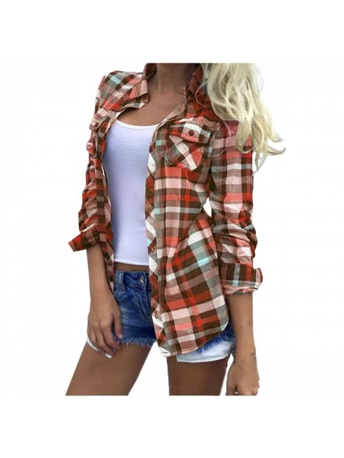 Cute Color Block Long Sleeve Plaid Button Down Blo...