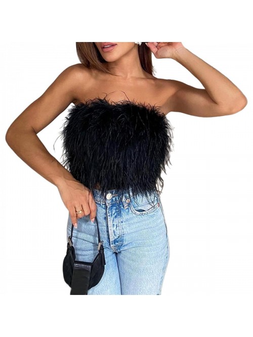 Faux Fur Tank Tops Spaghetti Strap Crop Camisole T...