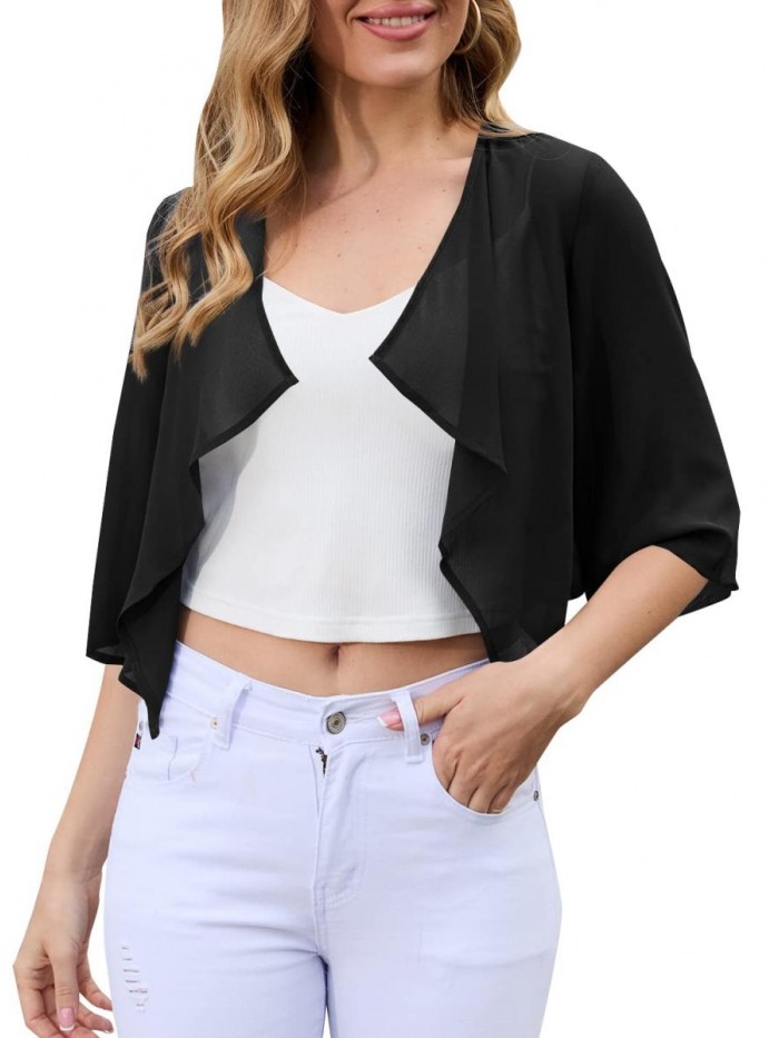 Womens Chiffon Open Front Half Sleeve Sheer Shrug Cropped Bolero Cardigans 