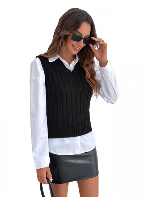 Women's Cable Knit Sleeveless Sweater Vest V Neck ...