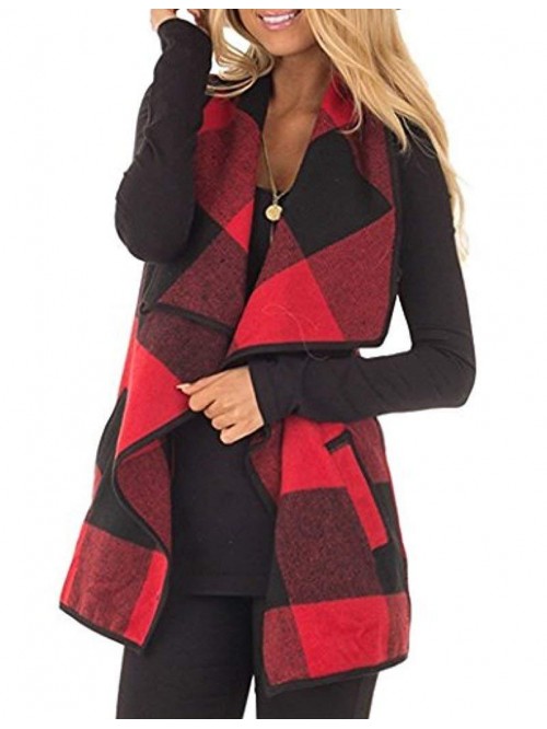 Womens Casual Lapel Open Front Plaid Vest Cardigan...