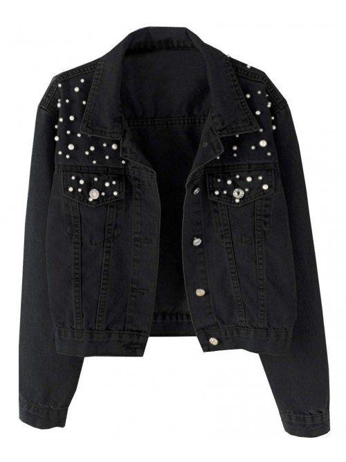 Women Oversized Denim Jacket Embroidered Pearls Be...